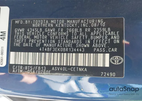 2011 Toyota Camry Le z USA, uszkodzony, nr VIN 4T4BF3EK0BR134443